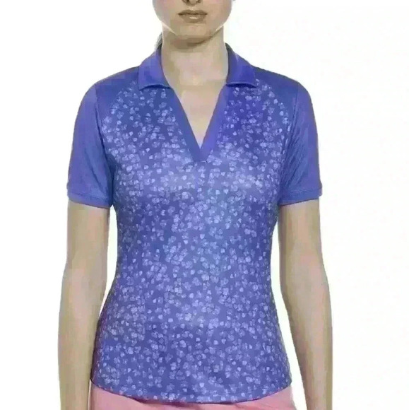 GRAND SLAM | Women's Blue/Pink Floral Short Sleeve V-Neck Golf Polo - Picture 2 of 7